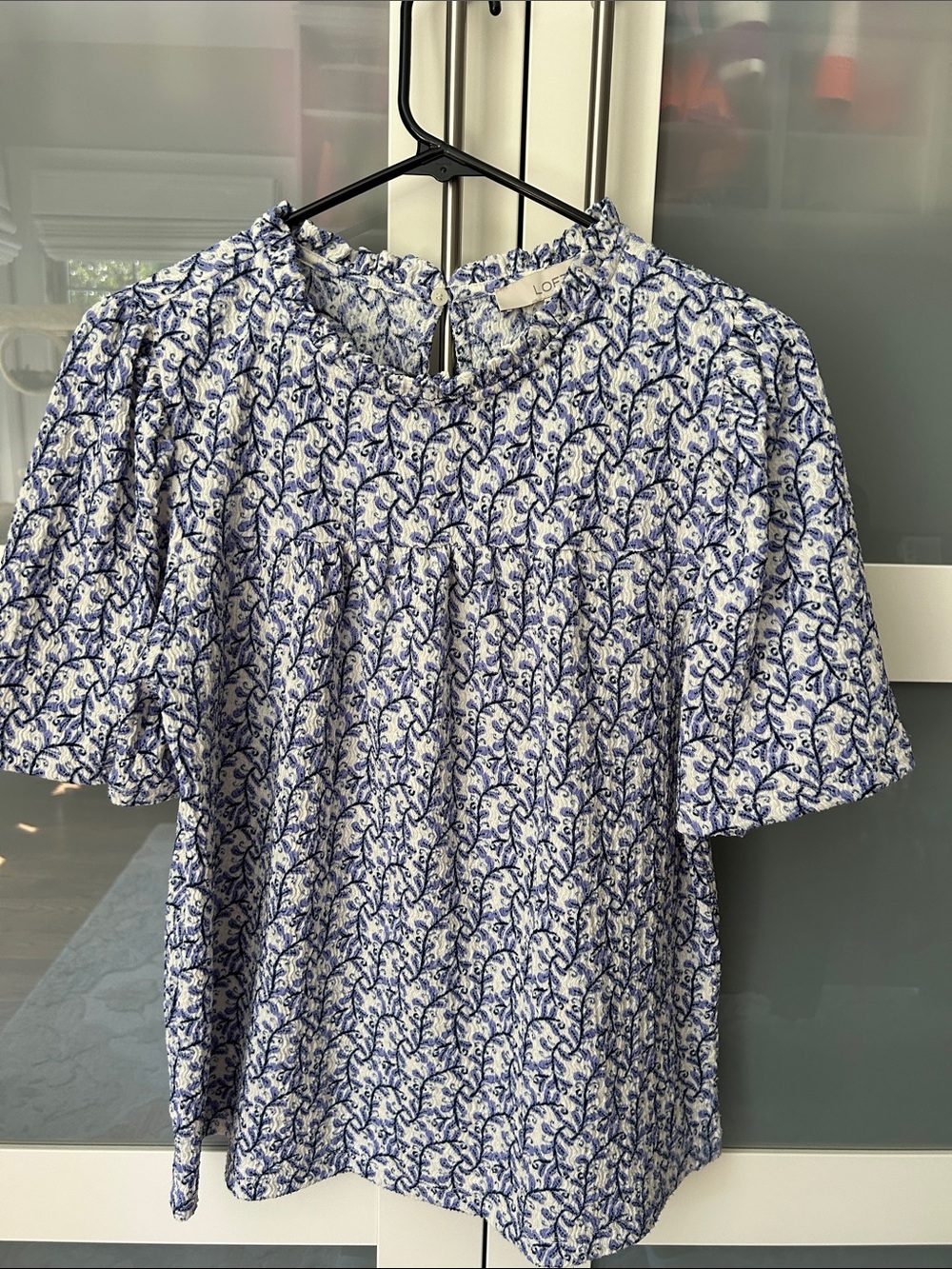 LOFT White and Blue Floral Smocked Yoke Flutter Sleeve Blouse